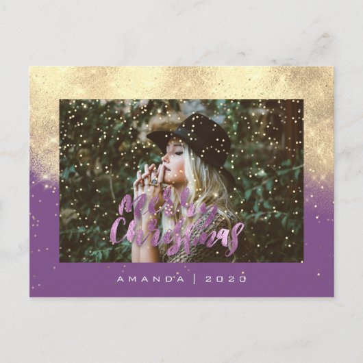 Vrolijk Kerstmis Sneeuw Paarse Gouden Foto Glitter Briefkaart (Voorkant)