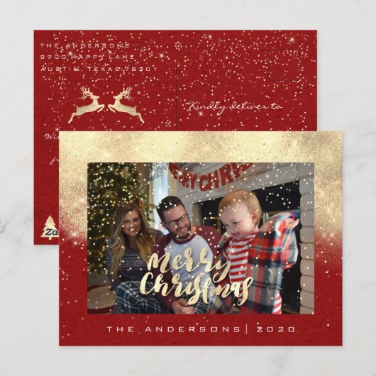 Vrolijk Kerstmis Sneeuw Rood Goud Foto Glitter Von Briefkaart (Voorkant / Achterkant)