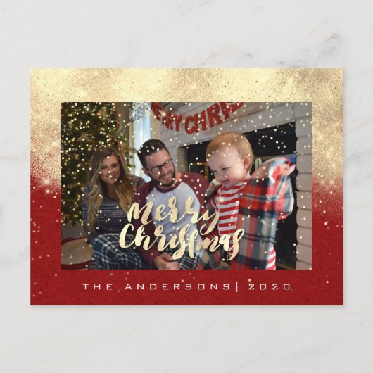 Vrolijk Kerstmis Sneeuw Rood Goud Foto Glitter Von Briefkaart (Voorkant)