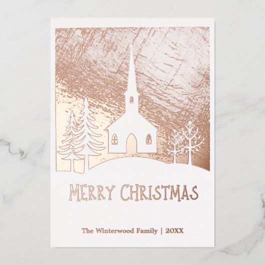 Vrolijk Kerstmis Sneeuw Winter Kerk gepersonalisee Folie Feestdagenkaart (Voorkant)