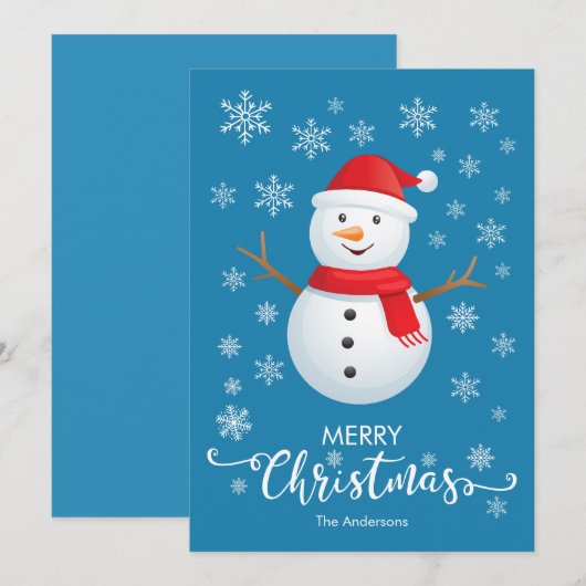 Vrolijk Kerstmis Sneeuwman Blauw Kerstmis Kaart (Voorkant / Achterkant)