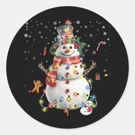 Vrolijk Kerstmis Sneeuwman Decor Xmas Lights Surro Ronde Sticker (Voorkant)