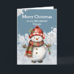 Vrolijk Kerstmis Sneeuwman Neef Kaart<br><div class="desc">Een sneeuwpop glimlach,  zo warm en helder,  Net als onze vriendschap,  pure verrukking. Vrolijk kerstfeest,  mijn lieve nicht May,  ons gelach houdt nooit op.</div>
