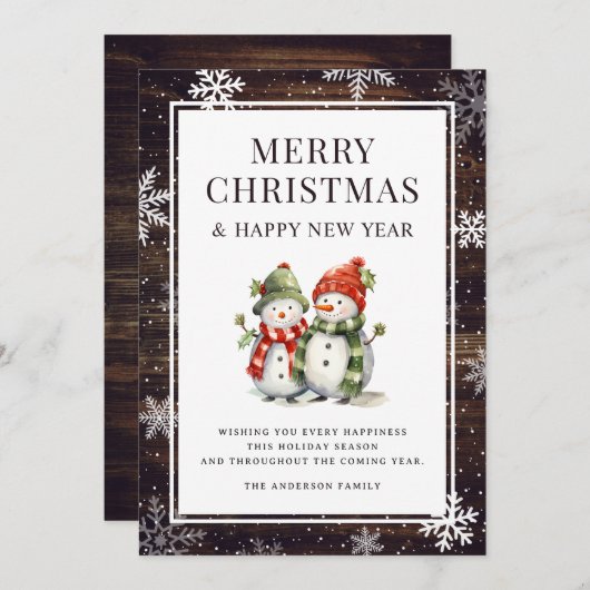 Vrolijk Kerstmis Sneeuwman Rustiek Hout Sneeuwvlok Feestdagenkaart (Voorkant / Achterkant)