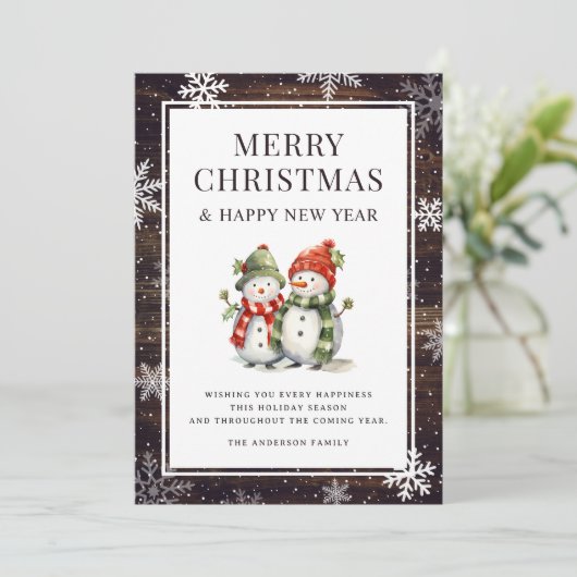 Vrolijk Kerstmis Sneeuwman Rustiek Hout Sneeuwvlok Feestdagenkaart (Staand voorkant)