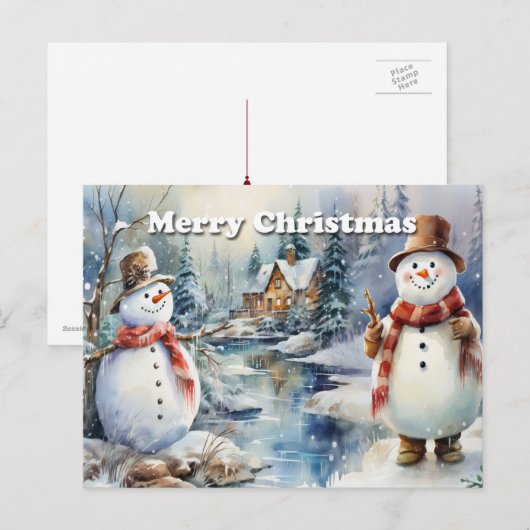 Vrolijk Kerstmis Sneeuwmannen Log Cabin River Aankondigingskaart (Voorkant / Achterkant)