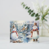 Vrolijk Kerstmis Sneeuwmannen Log Cabin River Aankondigingskaart (Staand voorkant)