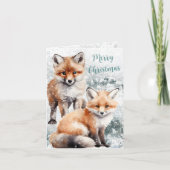 Vrolijk Kerstmis Sneeuwrijke Winter Rode Vos Cubs Feestdagen Kaart (Voorkant)