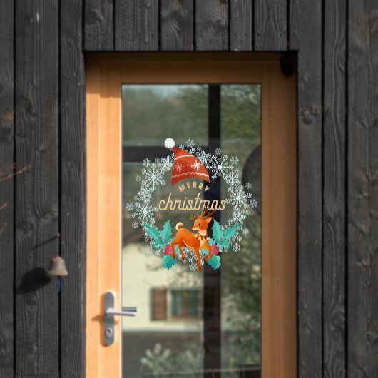 Vrolijk Kerstmis Sneeuwvlok Krans Raindeer Door Raamsticker
