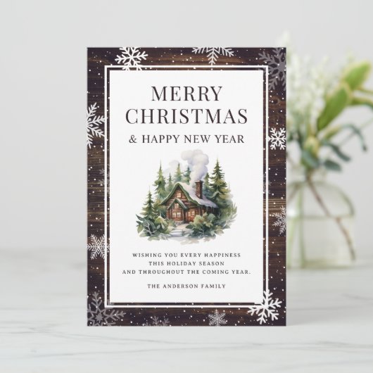 Vrolijk Kerstmis Sneeuwvlokken Log Cabin Feestdagenkaart (Staand voorkant)