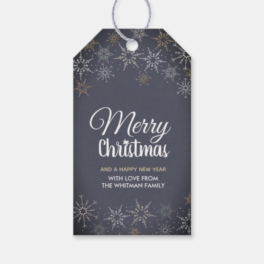 Vrolijk Kerstmis Sneeuwvlokken Slate Grijze Houtsk Cadeaulabel (Voorkant)