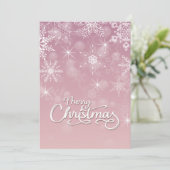 Vrolijk Kerstmis Sneeuwvlokken Wit Roze Groet Feestdagenkaart (Staand voorkant)