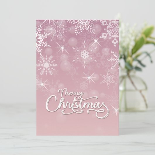 Vrolijk Kerstmis Sneeuwvlokken Wit Roze Groet Feestdagenkaart (Staand voorkant)