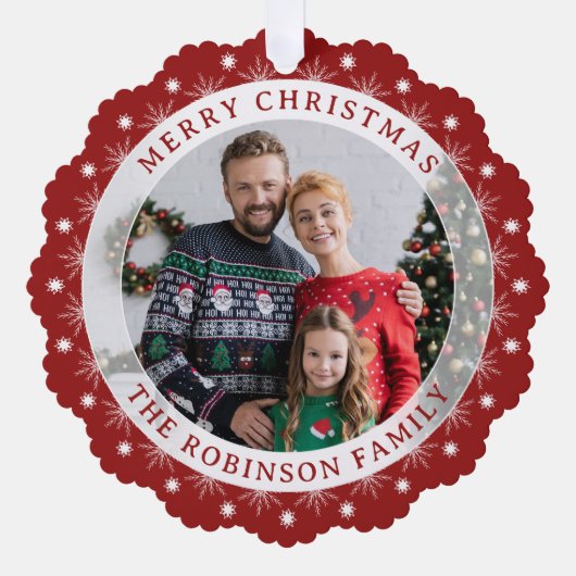 Vrolijk Kerstmis Stijlvol Modern Elegant Foto Rood Ornament Kaart (Voorkant)