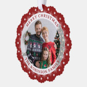 Vrolijk Kerstmis Stijlvol Modern Elegant Foto Rood Ornament Kaart (Links)