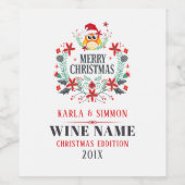 Vrolijk Kerstmis Uil Krans Sjabloon Wijn Etiket (Enkel label)