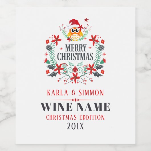 Vrolijk Kerstmis Uil Krans Sjabloon Wijn Etiket (Enkel label)
