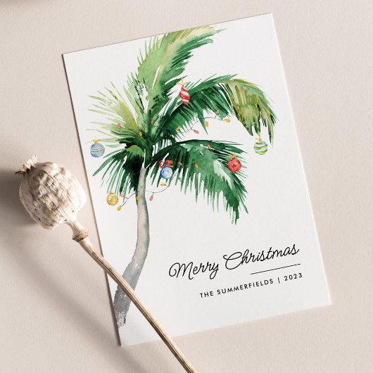Vrolijk Kerstmis Verfraaide Palm Tree Kust Feestdagenkaart