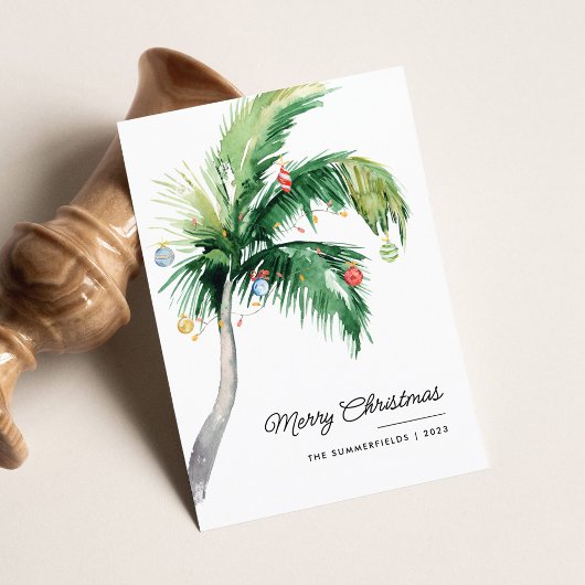 Vrolijk Kerstmis Verfraaide Palm Tree Kust Feestdagenkaart