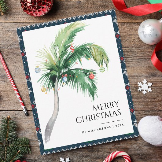 Vrolijk Kerstmis Verfraaide Palm Tree Kust Notitiekaartje