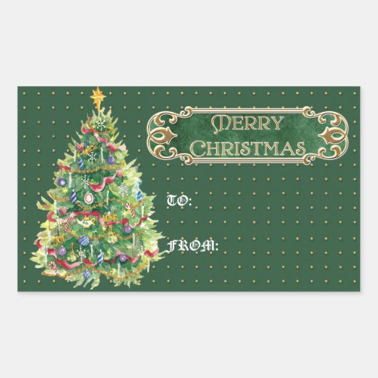 Vrolijk Kerstmis Versierde Boom Star Gouden Swirl Rechthoekige Sticker (Voorkant)