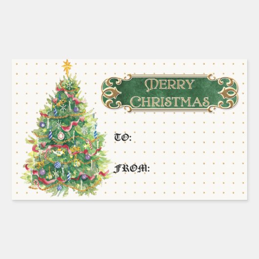 Vrolijk Kerstmis Versierde Boom Star Gouden Swirl Rechthoekige Sticker (Voorkant)