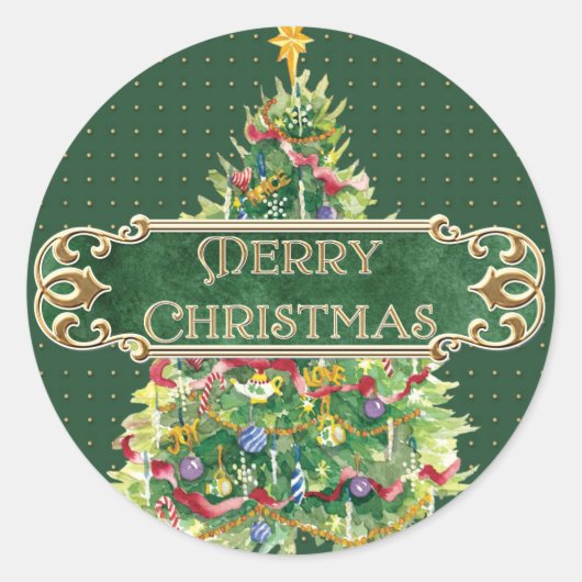 Vrolijk Kerstmis Versierde Boom Star Gouden Swirl Ronde Sticker (Voorkant)