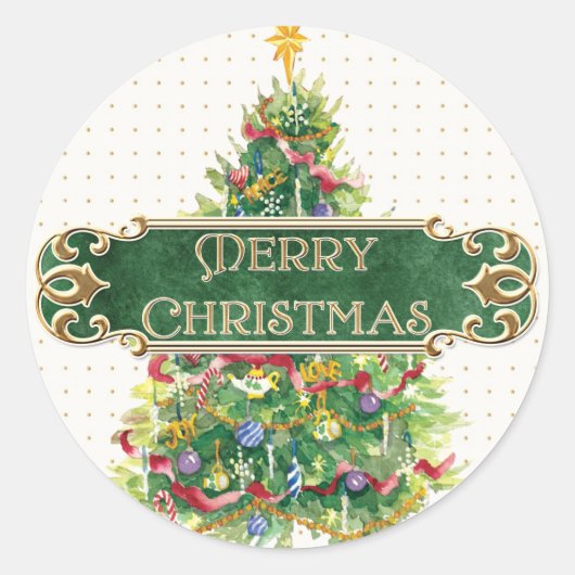 Vrolijk Kerstmis Versierde Boom Star Gouden Swirl Ronde Sticker (Voorkant)