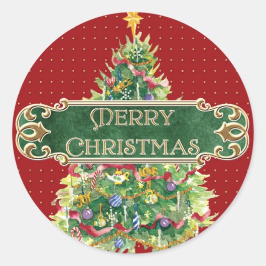 Vrolijk Kerstmis Versierde Boom Star Gouden Swirl Ronde Sticker (Voorkant)