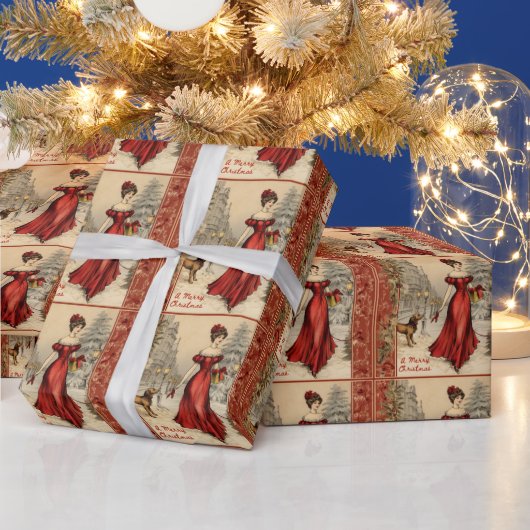 Vrolijk Kerstmis Victoriaans Dame Illustratie Cadeaupapier (Feestdagen)