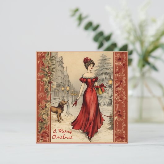 Vrolijk Kerstmis Victoriaans Dame Illustratie Feestdagenkaart (Staand voorkant)