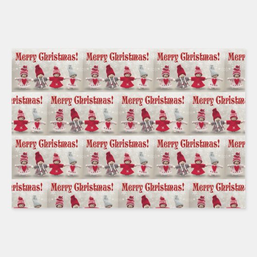 Vrolijk Kerstmis Vilt Poppen in Rood w Sneeuw 3 Inpakpapier Vel (Voorkant)