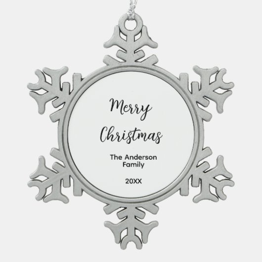 Vrolijk Kerstmis voeg familienaam toe jaar tekst a Tin Sneeuwvlok Ornament (Voorkant)