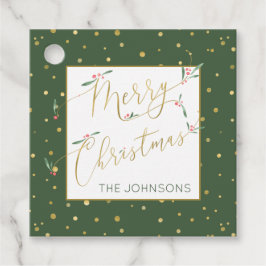Vrolijk Kerstmis Whimsical Script Groen en Goud Bedankjes Labels