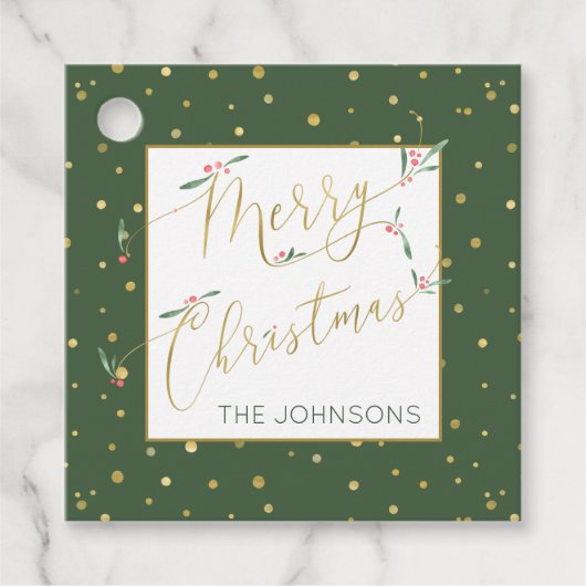 Vrolijk Kerstmis Whimsical Script Groen en Goud Bedankjes Labels (Voorkant)