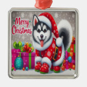 Vrolijk Kerstmis Whimsical Siberische Husky Dog Xm Metalen Ornament (Voorkant)