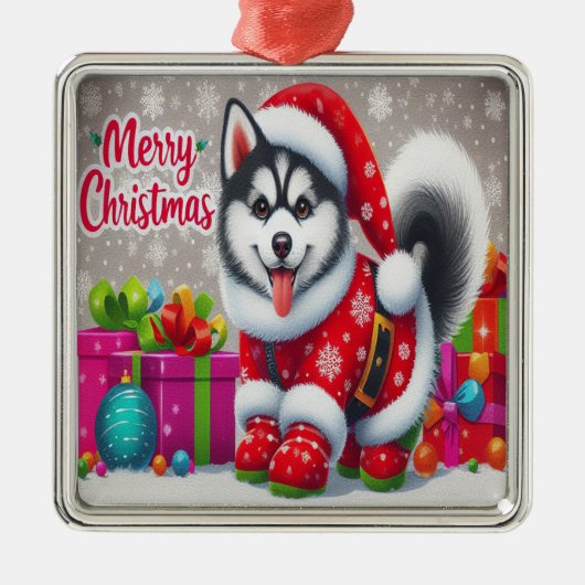 Vrolijk Kerstmis Whimsical Siberische Husky Dog Xm Metalen Ornament (Voorkant)
