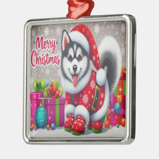 Vrolijk Kerstmis Whimsical Siberische Husky Dog Xm Metalen Ornament (Links)