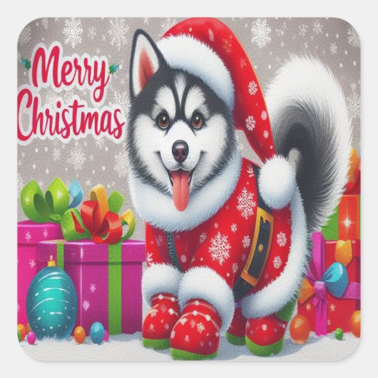 Vrolijk Kerstmis Whimsical Siberische Husky Dog Xm Vierkante Sticker (Voorkant)