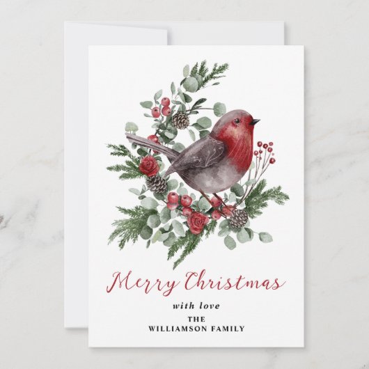 Vrolijk Kerstmis Winter Foliage Red Robin Feestdagenkaart (Voorkant)
