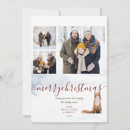 Vrolijk Kerstmis Winter Fox 3 Foto Collage Feestdagenkaart (Voorkant)