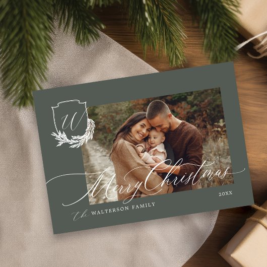 Vrolijk Kerstmis Winter Garland Monogram Foto Feestdagenkaart