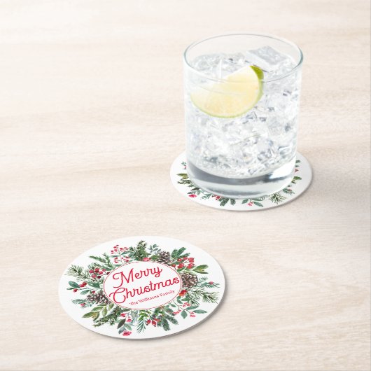 Vrolijk Kerstmis Winter groen rood script groen Ronde Kartonnen Onderzetter (Insitu)