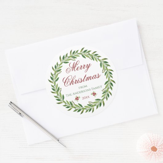 Vrolijk Kerstmis Winter Krans Familie Ronde Sticker (Envelop)