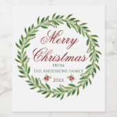 Vrolijk Kerstmis Winter Krans Familie Wijn Etiket (Enkel label)