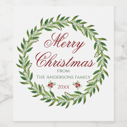Vrolijk Kerstmis Winter Krans Familie Wijn Etiket (Enkel label)