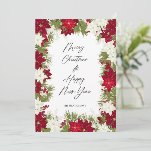 Vrolijk Kerstmis Winter Rood Bold Poinsettia Wit Kaart (Staand voorkant)