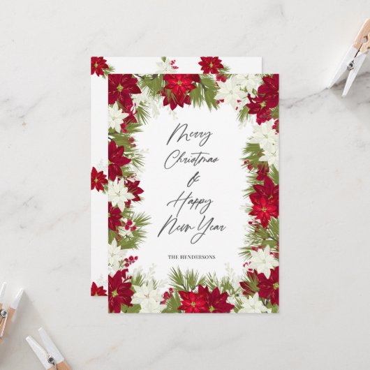 Vrolijk Kerstmis Winter Rood Bold Poinsettia Wit Kaart (Voorkant / Achterkant in situ)