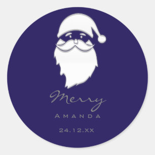 Vrolijk Kerstmis Winter Zilver Blu Navy Santa Ronde Sticker