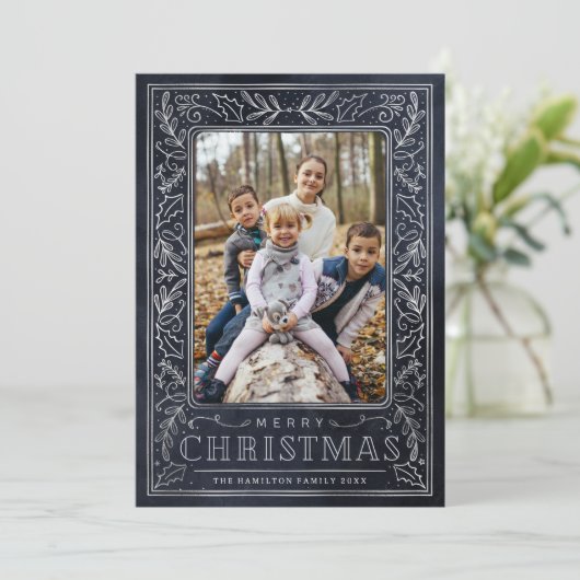 Vrolijk Kerstmis Wit Blauw & Foto Feestdagenkaart (Staand voorkant)